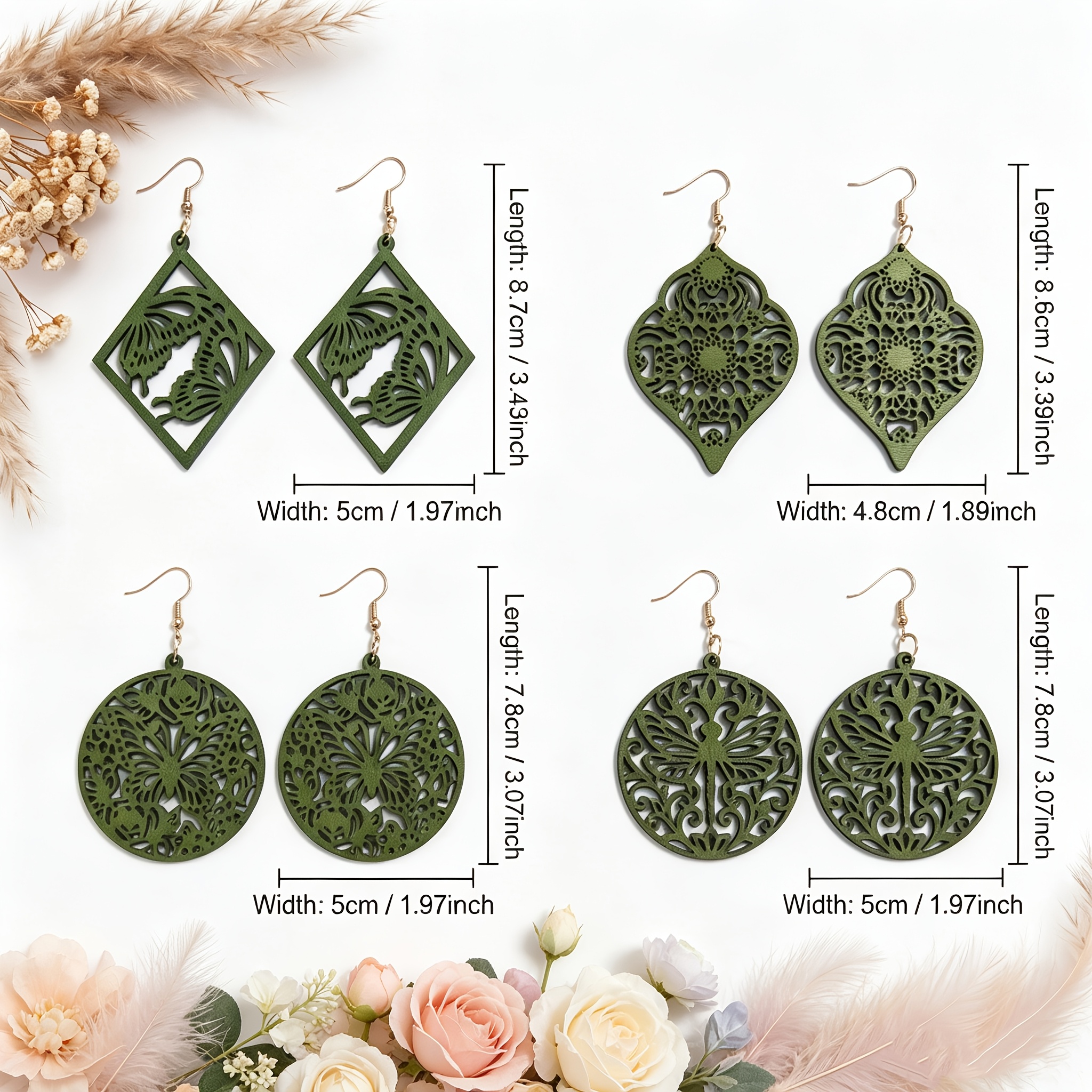 4 Styles Rustic Floral/Insect Pattern Dangle Earrings Set
